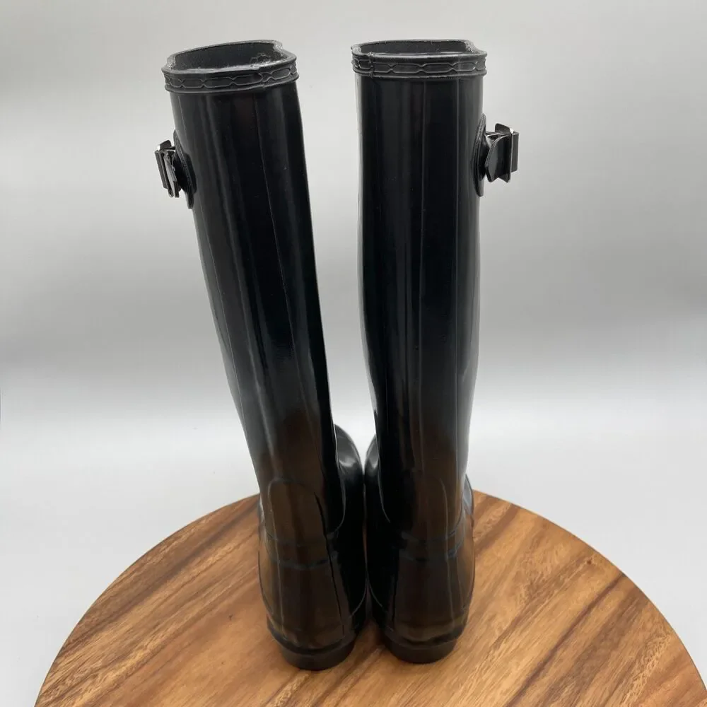 Hunter Boots Womens Size 7 Black Gloss Tall Rain Casual Waterproof Snow Shoes
